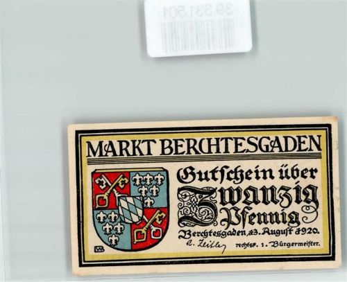 Berchtesgaden Notgeld Gutschein 20 Pfennig Stadtwappen Watzmann