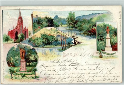 10115 O1020 Friedrichshain 1900 Lithographie Krieger-Denkmal Großer Teich Denkmal Alter Fritz Bartholomäus-Kirche