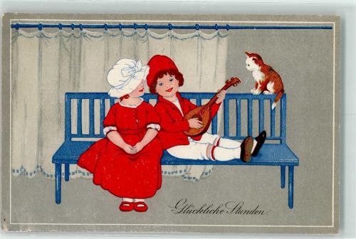 Meissner u. Buch Serie 2245 Kinder Parkbank Katze Laute AK Döring, L. / LD 1917