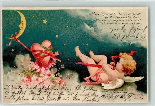 1903 Mond und Sterne - Herz hängt am Mond , Amor Engel - Gedicht