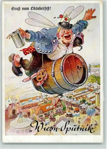 München Karikatur Fliegender Mann an Bierfass Bierkrug Brezeln Weisswurst