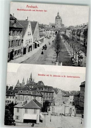 91522 W8800 Ansbach , Mittelfr - Maximiliansstraße Herrieder Tor Schlosstor St. Johanniskirche St. Gumbertuskirche Litfaßsäule Gasthaus
