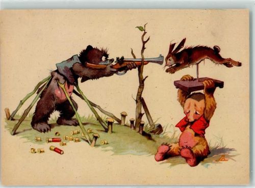 Teddybär Tiere vermenschlicht Gewehr Hase Patronen sign