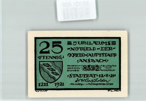 Ansbach Notgeld Jubiläums-Notgeld 25 Pfennig Stadtwappen Scherenschnitt