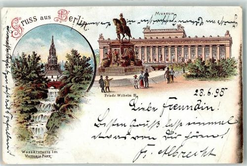 Kreuzberg 1898 Museum Victoria-Park Wasserfall Reiterdenkmal Friedrich III. Lithographie