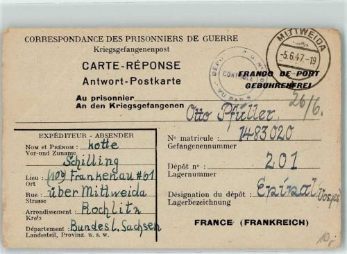 Rochlitz 1947 Kriegsgefangenenpost Schilling