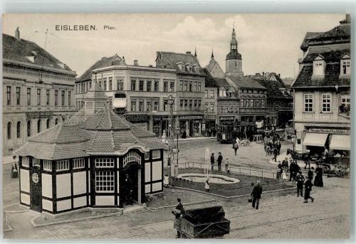 Lutherstadt Eisleben 1909 Plan Springbrunnen Geschäfte Zigarren Straßenbahn Kutsche