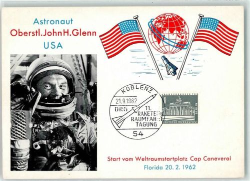 W5400 Koblenz am Rhein Astronaut John Glenn - Start vom Cap Caneveral 1962 - Rakete Raumfahrt Tagung Koblenz Raumfahrt Sonderstempel