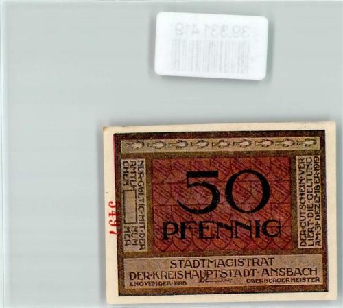 91522 W8800 Ansbach , Mittelfr Geldschein Notgeld 50 Pfennig Rappen Wucherin
