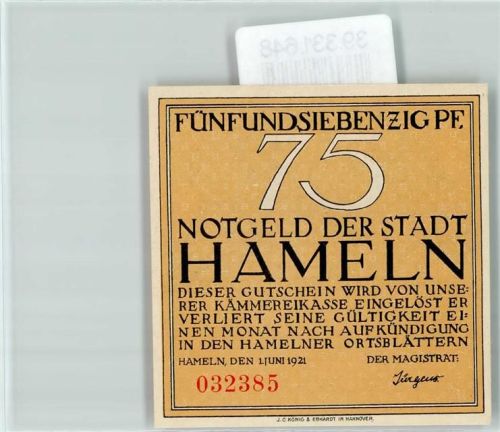 Hameln Notgeld Gutschein 75 Pfennig Siebenlinge Denkstein