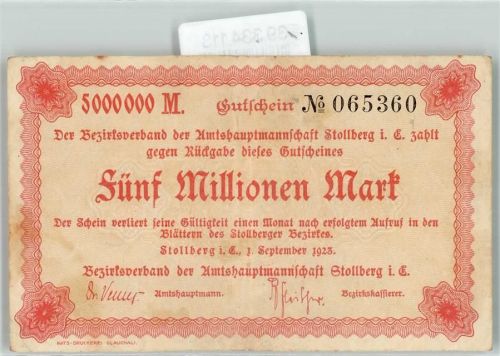 09366 O9150 Stollberg , Erzgeb Notgeldschein Notgeld Gutschein Fünf Millionen Mark