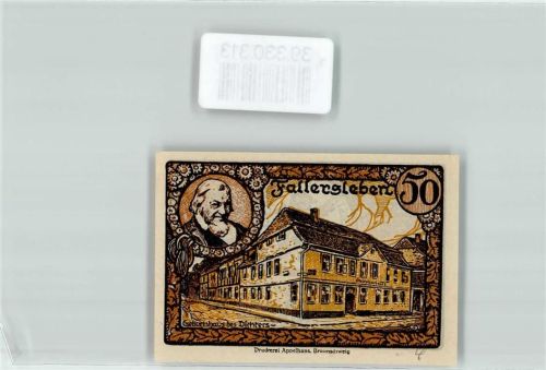Fallersleben 1920 Notgeld Gutschein von Fallersleben 50 Pfennig Geburtshaus des Dichters