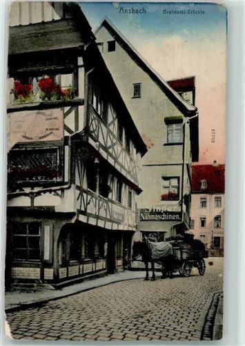 91522 W8800 Ansbach , Mittelfr Gebrauchsspuren Gasthaus Bratwurst-Glöckle Fuhrwerk Nähmaschinen-Geschaft Emailleschild Singer-Nähmaschinen