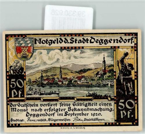 Deggendorf Notgeld 50 Pfennig Wappen Kirche Türme Raddampfer Adler Religion Zwiebeltürme