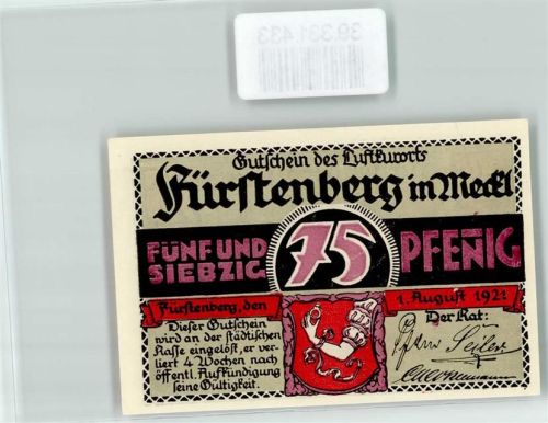 Fürstenberg Notgeld Gutschein 75 Pfennig Sanatorium