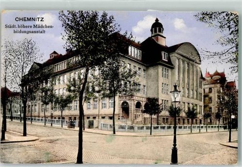 Chemnitz 1914 Städtische höhere Mädchenbildungsanstalt Laterne Bahnpost Chemnitz Riega Röderau Zug Nr.3443