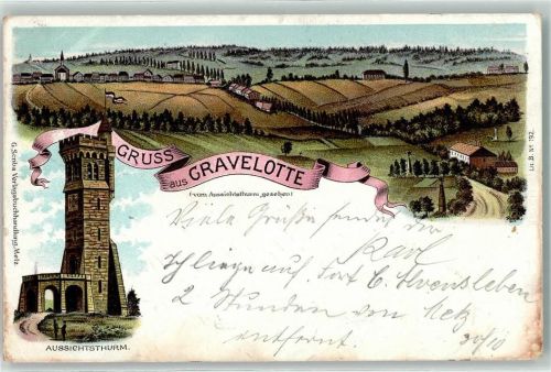 57130 Gravelotte Lithographie Aussichtsturm Kirche Fahne Schwarz-Weiß-Rot