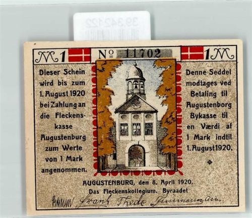 Augustenburg Notgeld 1 Mark Zahlung Kirche Glocke