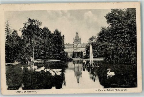 Hanau 1916 Schloß Philippsruhe Schloßpark Schloßteich Schwäne Bahnpost Zug 803
