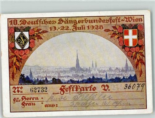 1010 Wien 1. Bezirk, Innere Stadt - 10. Deutsche Sängerbundesfest 19.-22. Juli 1928 Festkarte Blumen Wappen Dom Kirche 3. Hauptaufführung