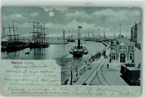 Malmö 1899 Hafen Seitenraddampfer Segelschiff Leuchtturm Mondschein