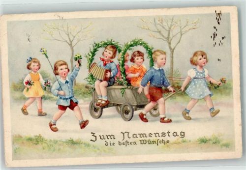 1937 Verlag Erika Nr. 4825 Kinder Ziehharmonika Bollerwagen AK