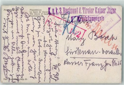 K. u. k. 3. Regiment d. Tiroler Kaiser Jäger I. Ersatzkompagnie Stempel Kriegsdienst portofrei