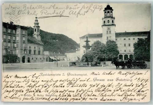 Salzburg 1898 Residenzplatz Glockenspiel Kutsche Brunnen Turm Uhr