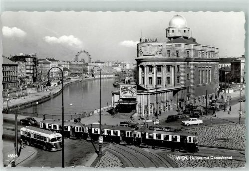 Wien Urania mit Donaukanal Omnibus Tram Straßenbahn Auto Riesenrad Kuppel Volksbildungshaus Sternwarte Neubarock