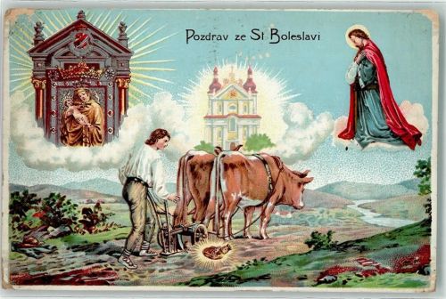 Mlada Boleslav Jung-Bunzlau Lithographie Pozdrav ze St. Boleslavi Heilige auf AK Religion Viehwagen