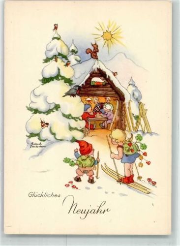 sign.Lauterborn Liesel Neujahr Ski Hütte Kinder Kleeblätter Eichhörnchen PMB Nr.66-8
