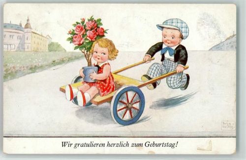 1937 Geburtstag Kinder Schubkarre Rosen AK