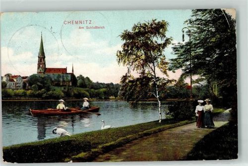 Chemnitz 1913 Am Schlossteich Ruderboot Schwan Frau Kirche