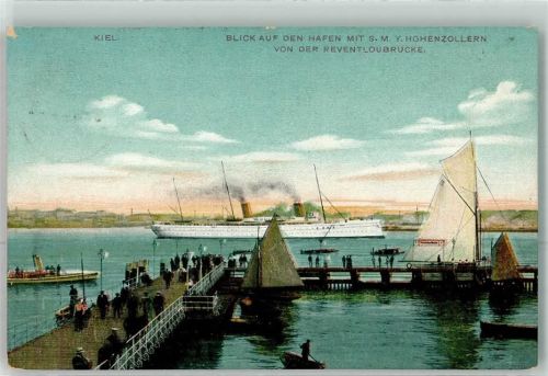 Kiel 1910 Blick a.d. Hafen m. S.M. Y. Hohenzollern v. d. Reventloubrücke Segelboot