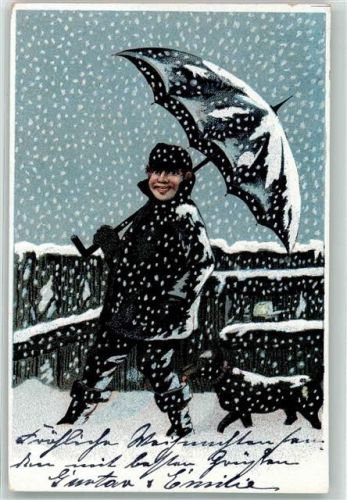 1902 Es schneit , Mann mit Regenschirm und Hund AK