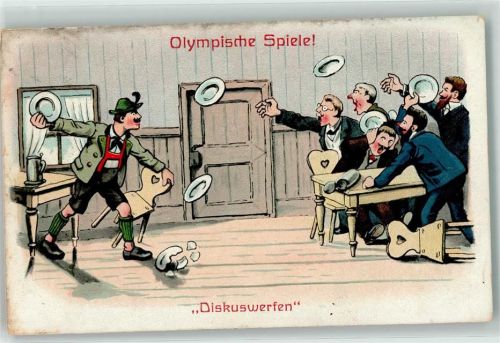 Olympische Spiele Diskuswerfen mit Teller - Streit im Gasthof AK