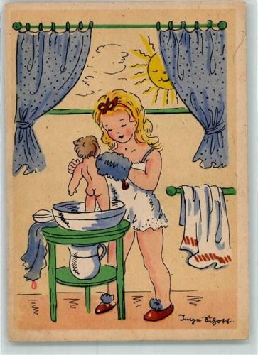 Frau Kind Baden sign.Schott Künstlerkarte