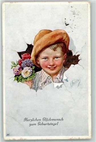 Junge Blumen Passepartout sign.K.Feiertag Künstlerkarte