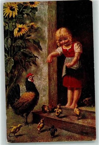 Mädchen füttert Huhn Kücken Ihre Lieblinge sign. M.A.Lerisch Galerie Münchner Meister Nr.381