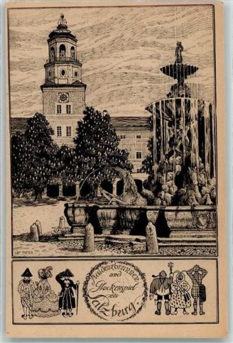 Salzburg Residenzbrunnen und Glockenspiel Federzeichnung Seidl