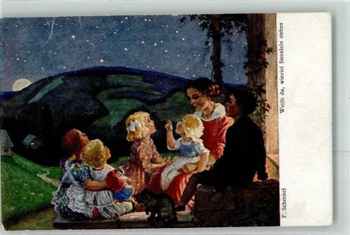 1920 Kinder Puppe Katze Weißt du wieviel Sternlein stehen Künstlerkarte