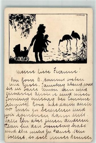 Schattenbilderkarten E II Nr 59 Mädchen Puppe Puppenwagen sign Carus