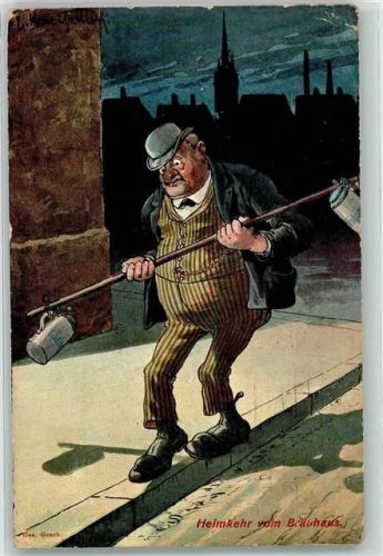München Heimkehr vom Bräuhaus Balancieren sign Künstlerkarte Stempel Verbandstag der Deutschen Wild- und Geflügelhändler 1913