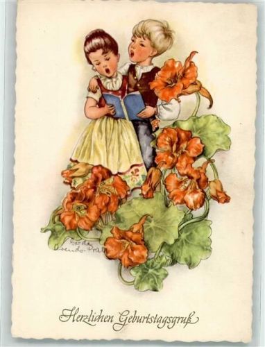 Kinder Blumen singen sign.Arends Gerda