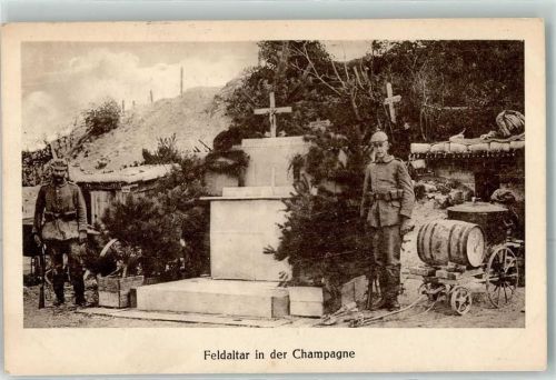 Feldaltar in der Champagne Soldat Uniform Kreuz Fass Wagen Feldpost 103. Inf. Div.