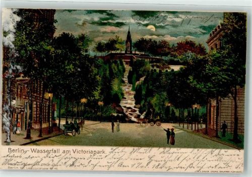 Kreuzberg 1901 Lithographie Wasserfall im Victoria Park Mondschein