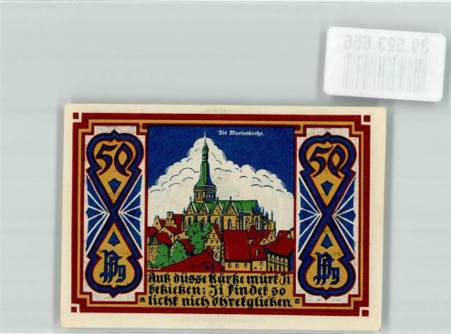 Osnabrück 1921 Gutschein über 50 Pfennig Stadthauptkasse Osnabrück Marienkirche