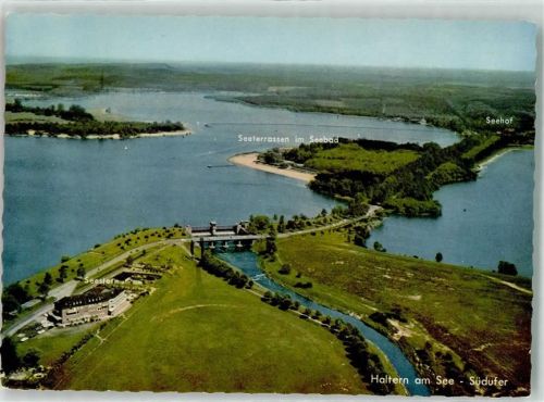 45721 W4358 Haltern , Westf 1955 - Fliegeraufnahme vom Stausee mit Hotel Seestern Seeterrassen und Hotel Seehof