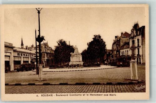 59100 Roubaix - Boulevard Gambetta et le Monument aux Morts Renault Auto Tram Denkmal