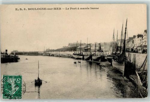 Boulogne-sur-Mer 1908 le Port a maree basse Fischerboot Segelboot Dampfer